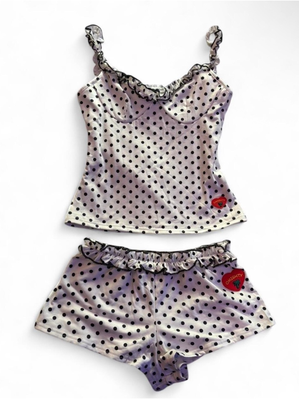 omighty White Polka Dot Ruffle Cami & Shorts Set